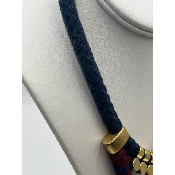 J. Crew MultiStrand Woven Blue Rope Bugandy and White Beaded Gold Tone Necklace - Picture 6 of 11